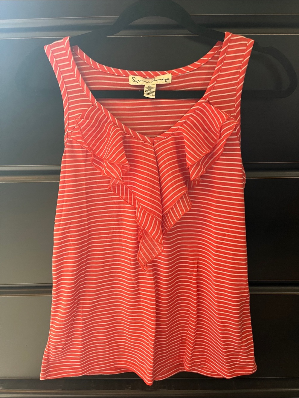 French Laundry Coral and White Striped Ruffle Tank